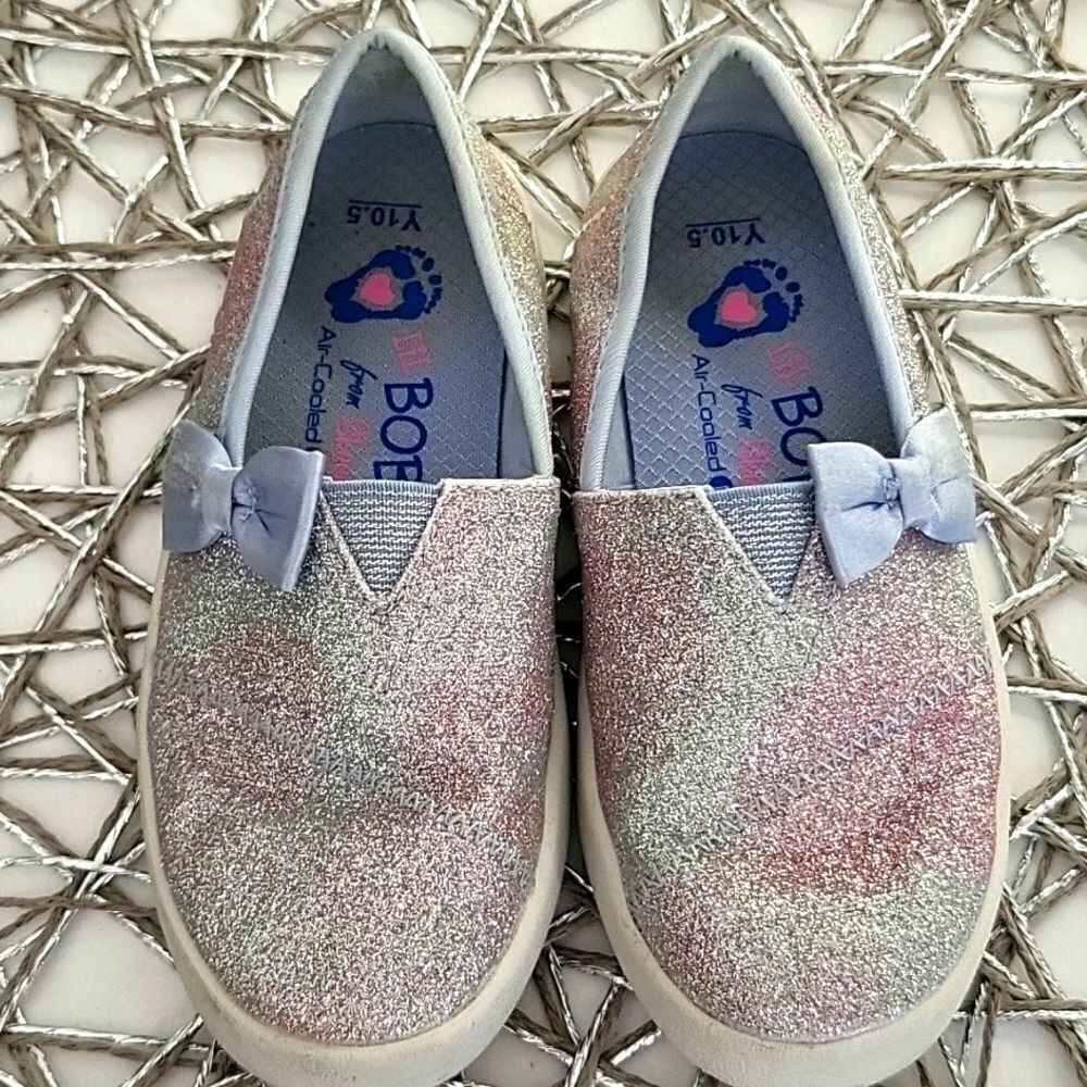 Skechers BOB silver glittery slip-on shoes w bows toddler sz 10.5